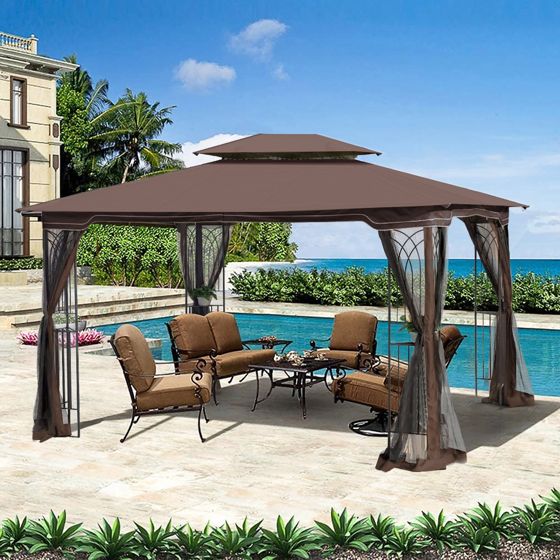13 0 Outdoor Patio Gazebo Canopy Tent With Ventilated Double Roof And Mosquito Net (Detachable Mesh Screen On All Sides) Suitable For Lawn Garden Backyard And Deck Top - Brown - Image 2