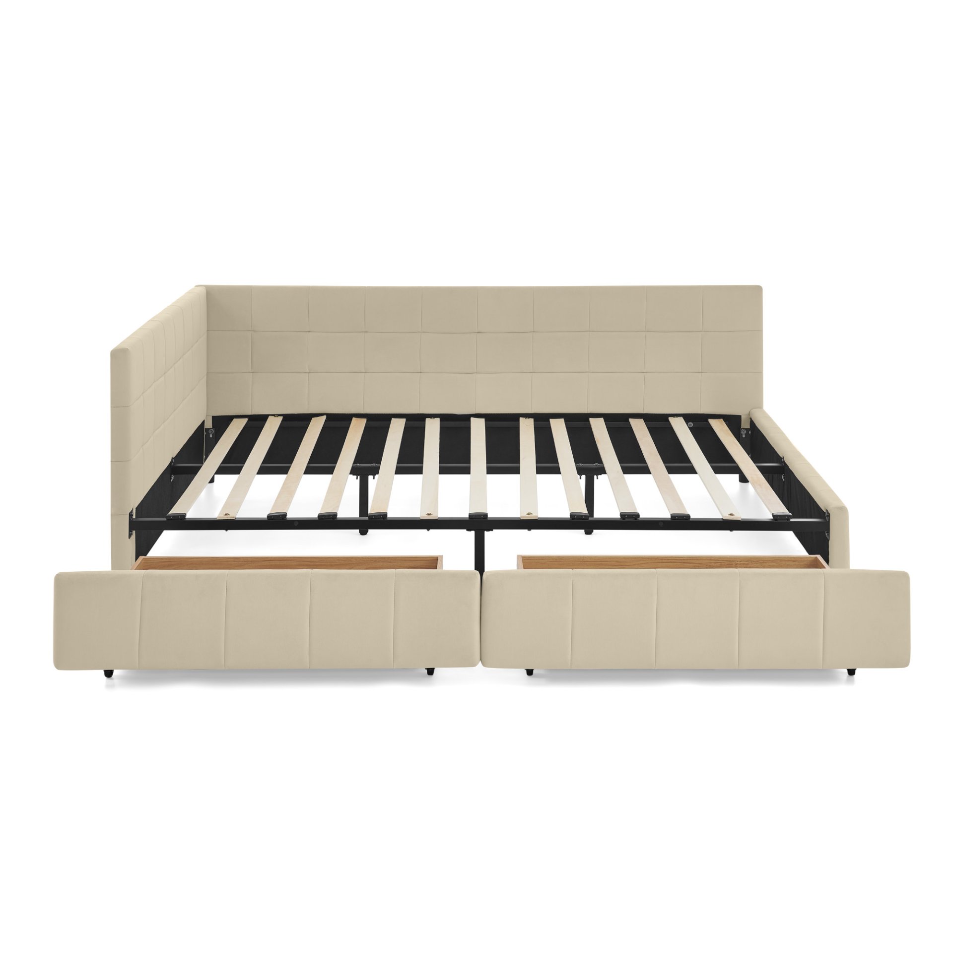 Mid Century Velvet Upholstered Tufted Queen Size Storage Bed Frame With Backrest And Armrests - Beige - Image 10