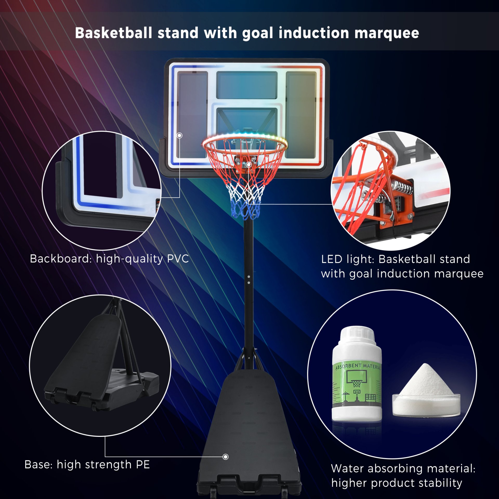 Portable Basketball Hoop Basketball System Adjustable For Youth Adults LED Basketball Hoop Lights, Colorful Lights, Waterproof, Super Bright To Play At Night Outdoors, Good Gift For Kids - Black - Image 5