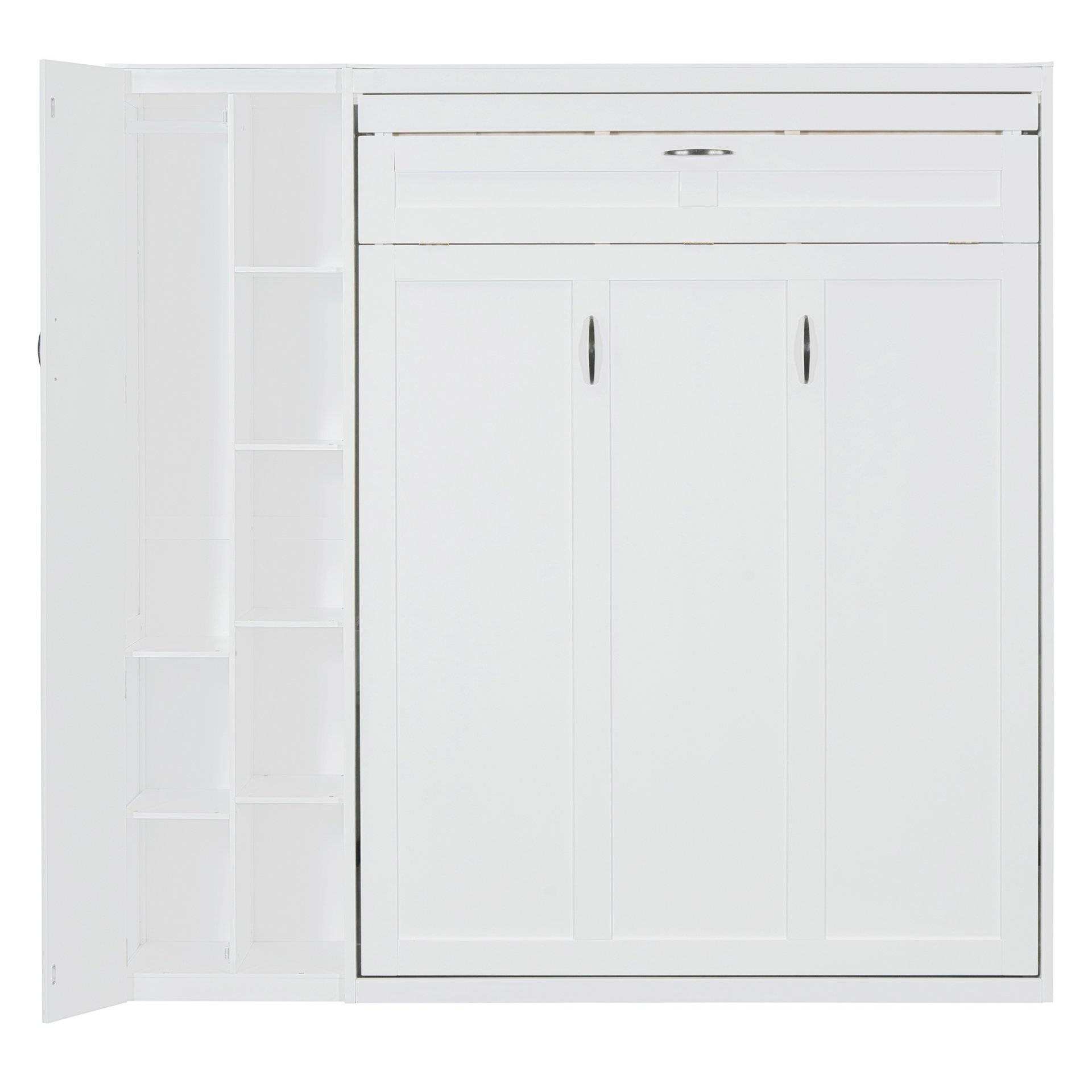 Full Size Murphy Wall Bed With Shelves, Wardrobe And LED Lights - White - Image 15