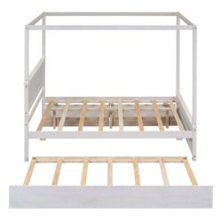 Full Size Canopy Platform Bed With Trundle Bed And 2 Drawers, Support Slats, No Box Spring Needed - Brushed White