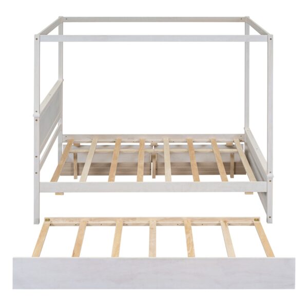 Full Size Canopy Platform Bed With Trundle Bed And 2 Drawers, Support Slats, No Box Spring Needed - Brushed White