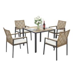 All Weather Patio Dining Table Set With Top And Umbrella Hole - Rattan Outdoor Furniture - Yellow