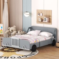 Full Size Car Shaped Platform Bed With Wheels - Gray