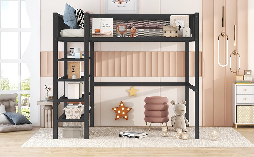 Twin Size Loft Bed With 4 Tier Shelves And Storage - Black - Image 13