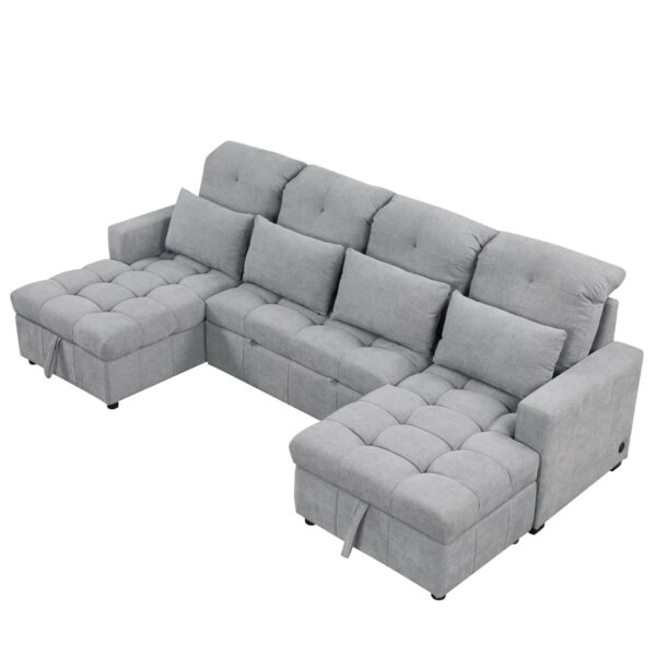 Oversized U - Shaped Sofa Versatile Sectional Sofa Pull Out Sofa Bed With Double Storage Chaise Lounges And 2 USB Ports For Living Room - Gray