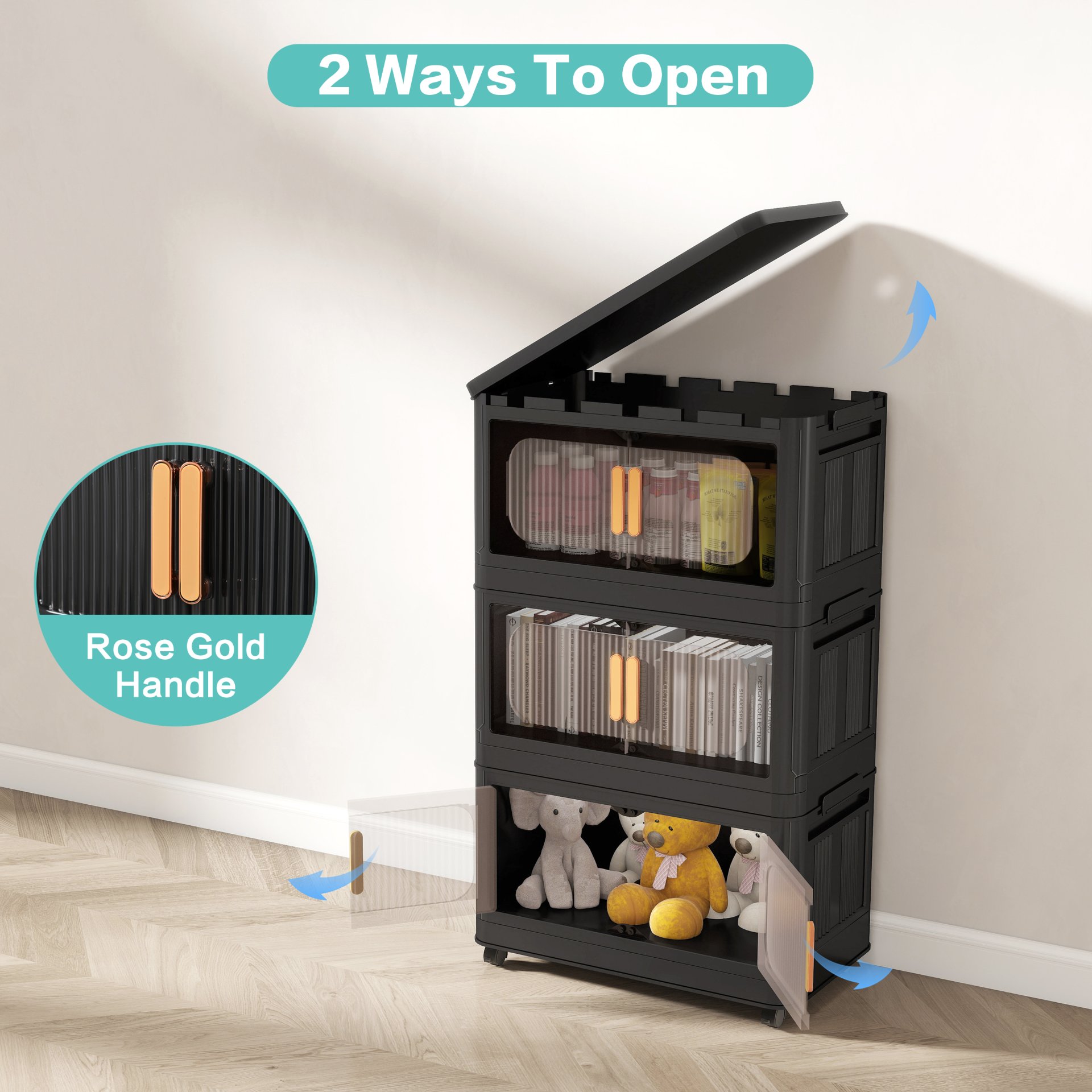Folding Storage Cabinet 5 Tier Wide Plastic With Magnetic Doors And Wheels - Black - Image 13