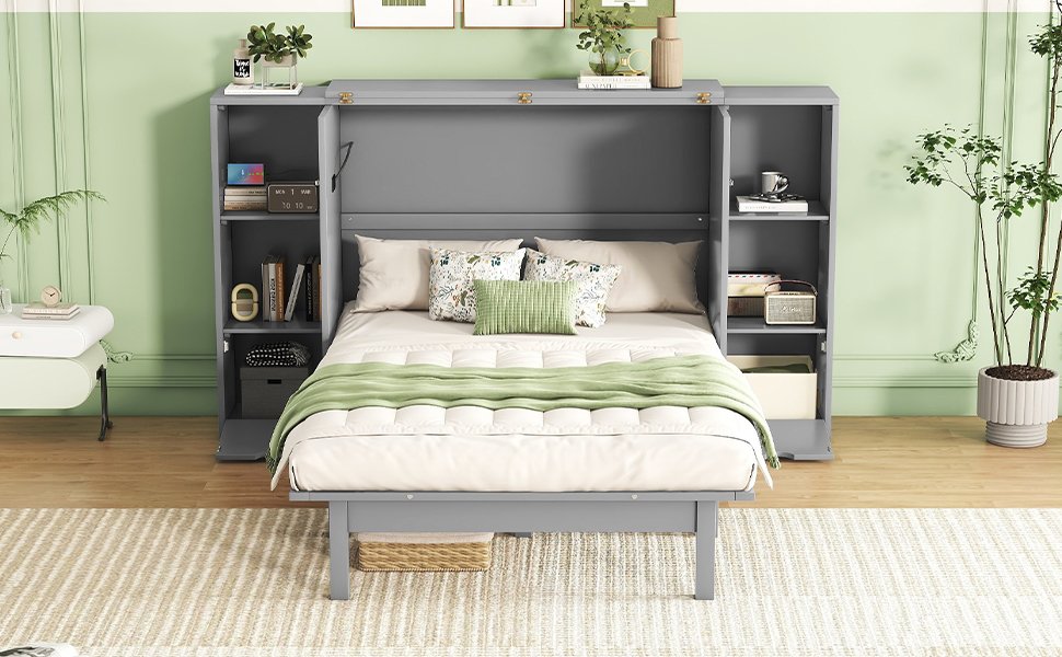 Queen Size Murphy Bed With Shelves, Drawers And USB Ports - Gray - Image 13