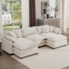 Oversized Modular Cushion Sofa With Ottomans Comfy Upholstered U Shaped Convertible Corner Sectional Sofa Light Corduroy - Beige - Image 9