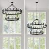 2 Tiers Wagon Wheel Chandelier Wooden Farmhouse 36 Light (24 / 12) Or (12 / 24) Metal Chandeliers 2 Story Light Fixtures Industrial For High Ceiling Living Dining Room Foyer, Adjustable Height - Black - Image 9