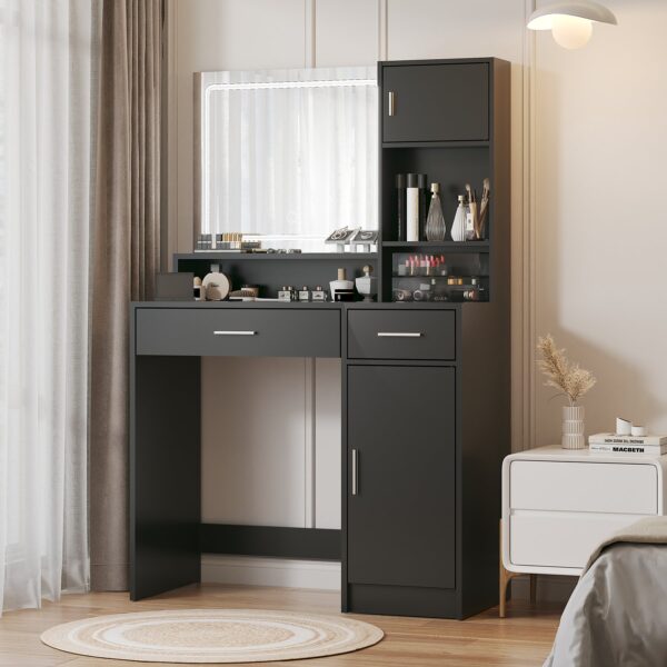 Vanity Desk With Mirror And LED Light Strip, Dressing Table With Large Drawer, 3 Level Storage Dresser & 3 Lighting Modes Adjustable Brightness, Suitable For Bedroom - Black