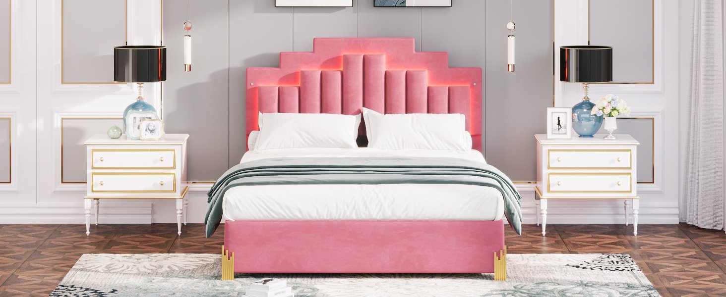 Queen Size Upholstered Platform Bed With LED Lights And 4 Drawers, Stylish Irregular Metal Bed Legs Design - Pink - Image 17