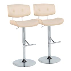 Lombardi - Contemporary Adjustable Barstool With Swivel With Straight T Footrest (Set of 2) - Chrome / Natural / Cream