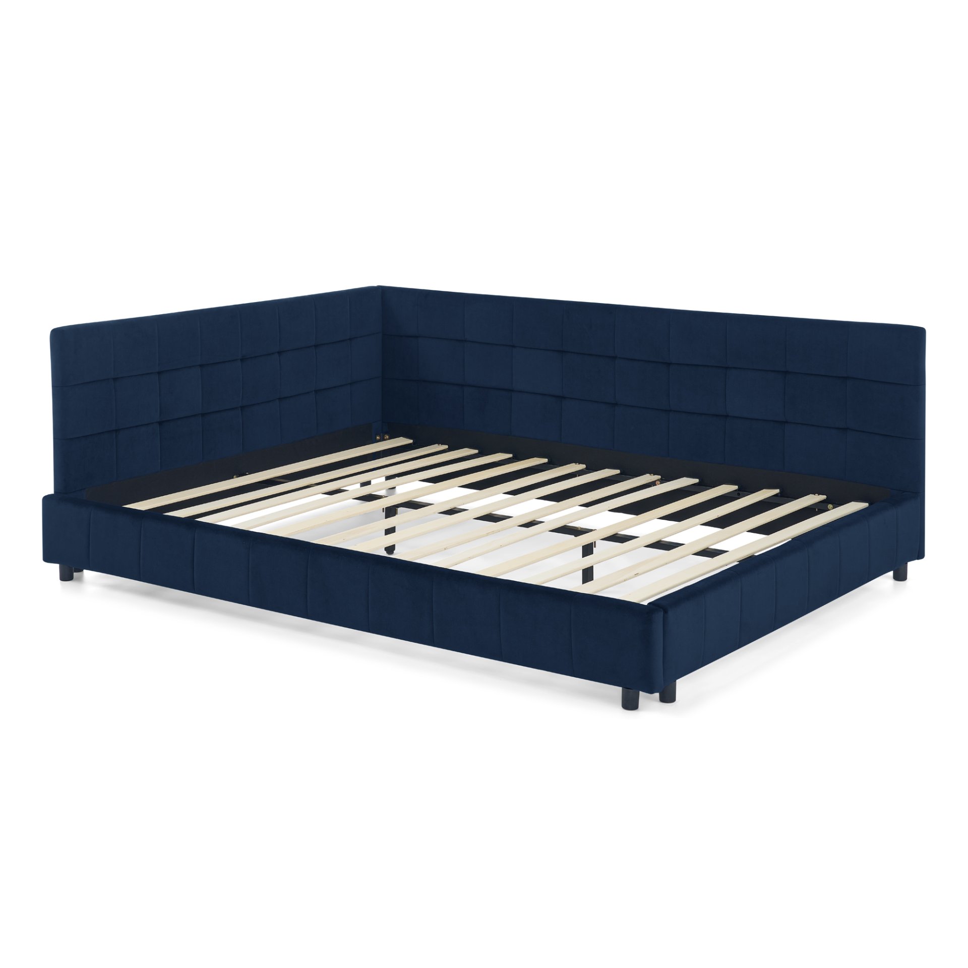 Mid Century Upholstered Tufted Queen Size Bed Frame With Backrest And Armrests Velvet - Dark Blue - Image 9