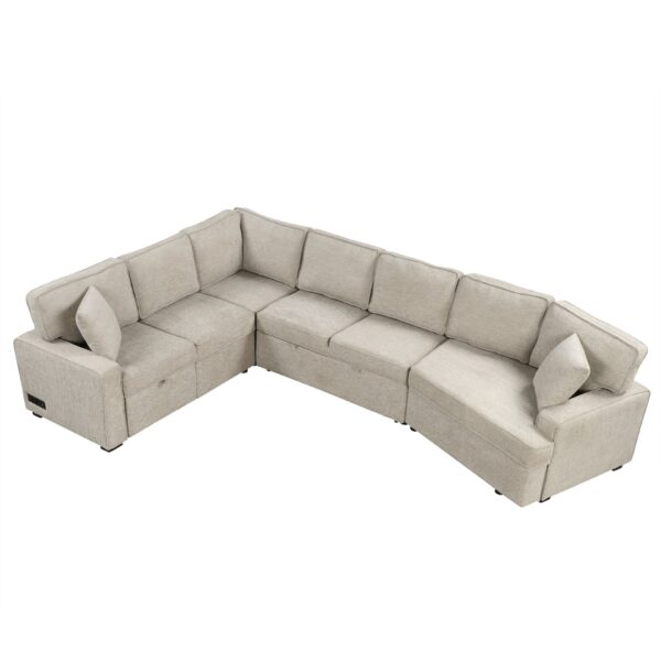 L-Shaped Sofa Sectional Sofa Couch Pull-Out Sofa Bed With Charging Devices And Cup Holders For Living Room - Beige