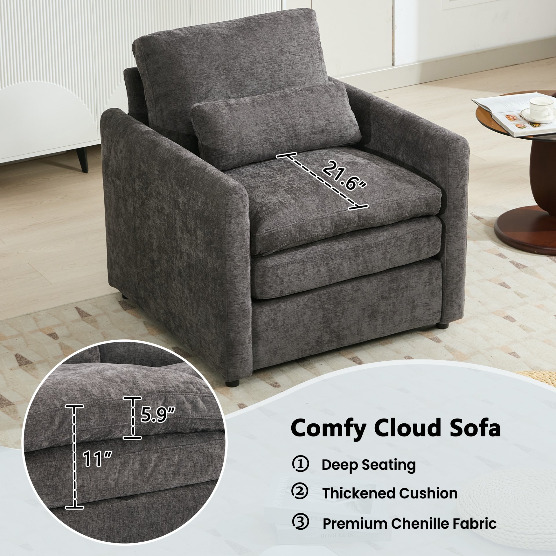 Cozy Upholstered Armchair Oversized Comfy Cloud Sofa Double Cushion Single Sofa Plush Cushion Armchair For Living Room - Gray - Image 5
