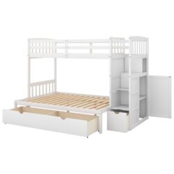 Twin Over Full / Twin Bunk Bed, Convertible Bottom Bed, Storage Shelves And Drawers - White