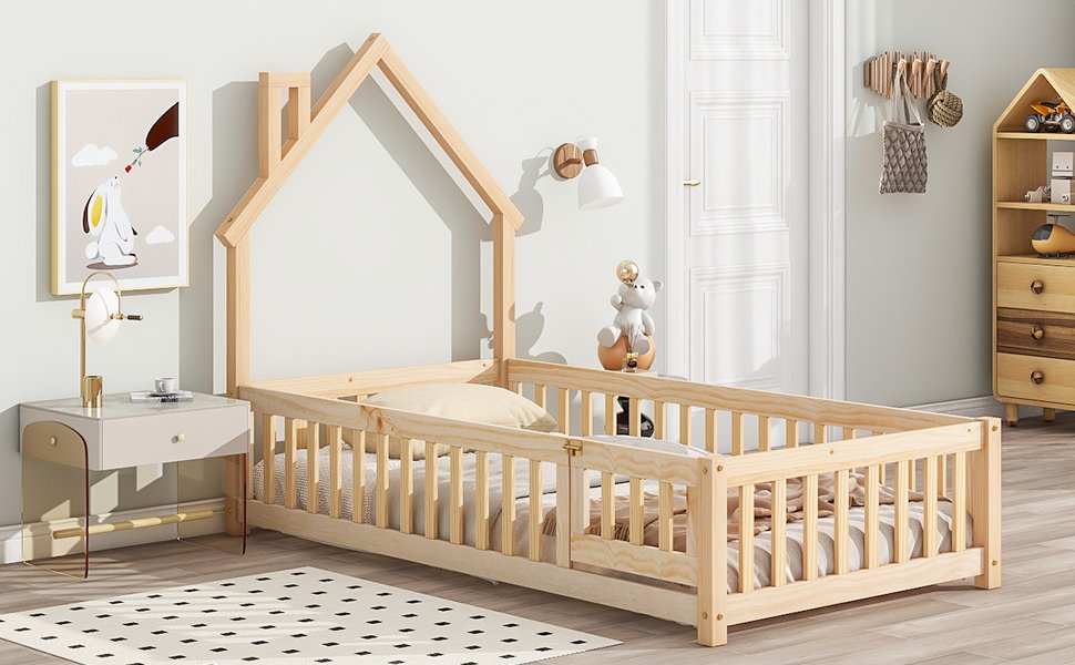 Twin House-Shaped Headboard Floor Bed With Fence - Natural - Image 6