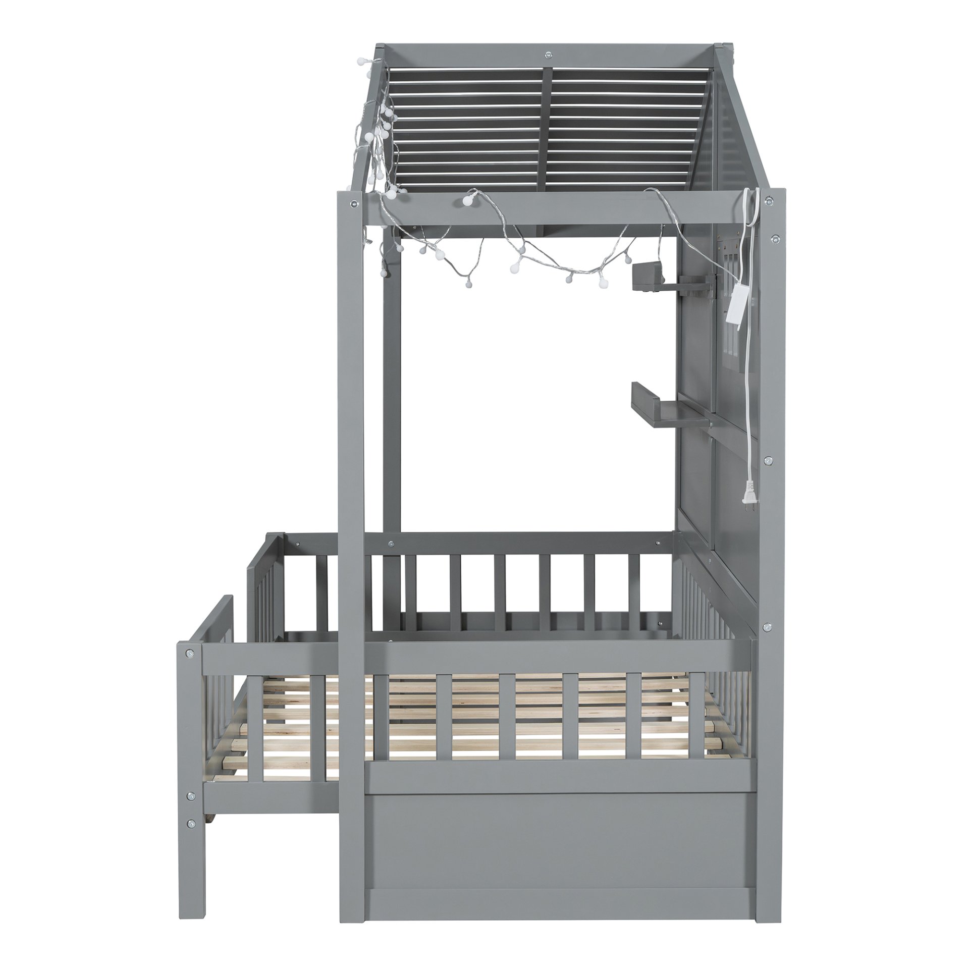 Twin Size House Bed With Shelves, Window And Sparkling Light Strip On The Roof - Gray - Image 12