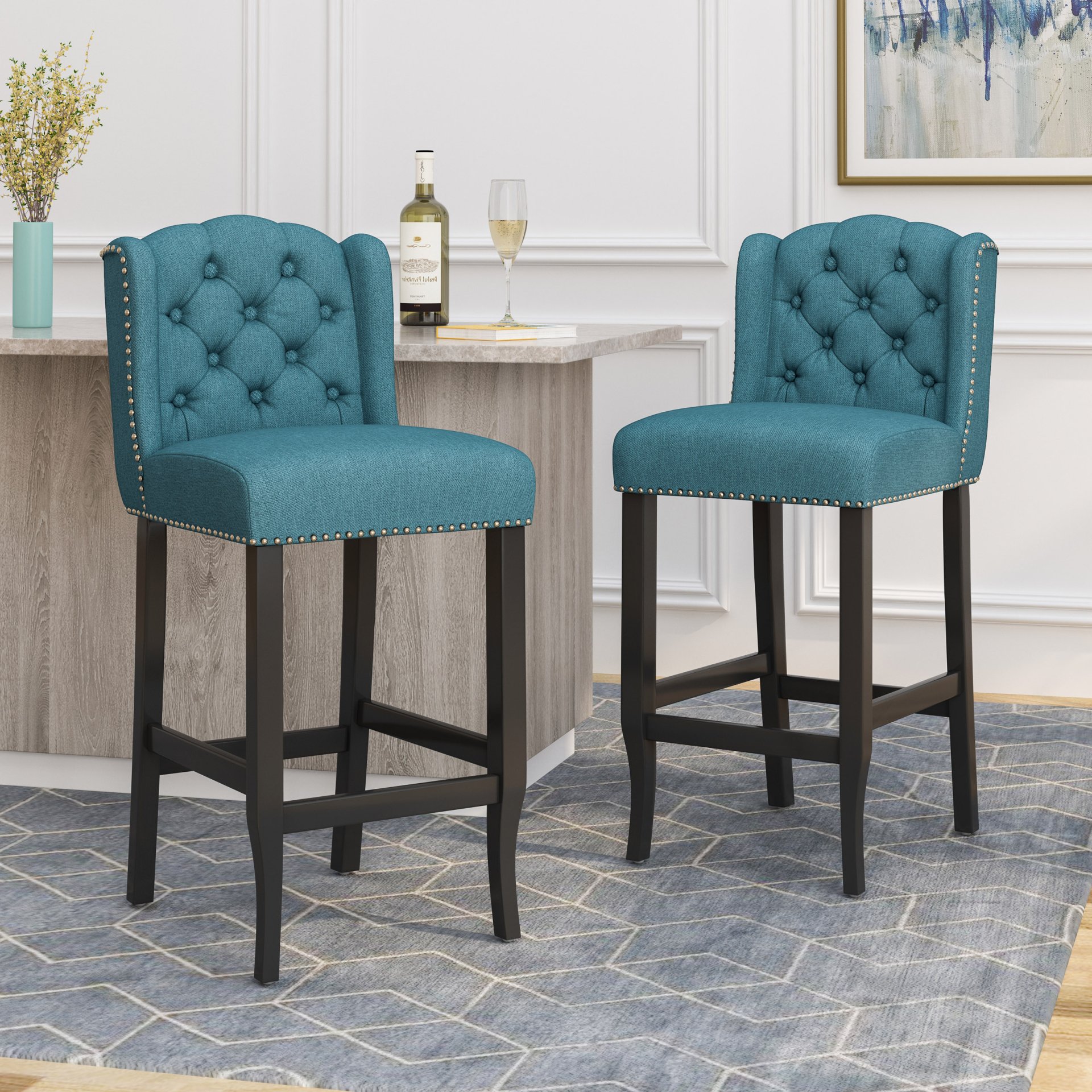 Vienna - Contemporary Fabric Tufted Wingback Counter Stools, (Set of 2) - Teal / Dark Brown - Image 4