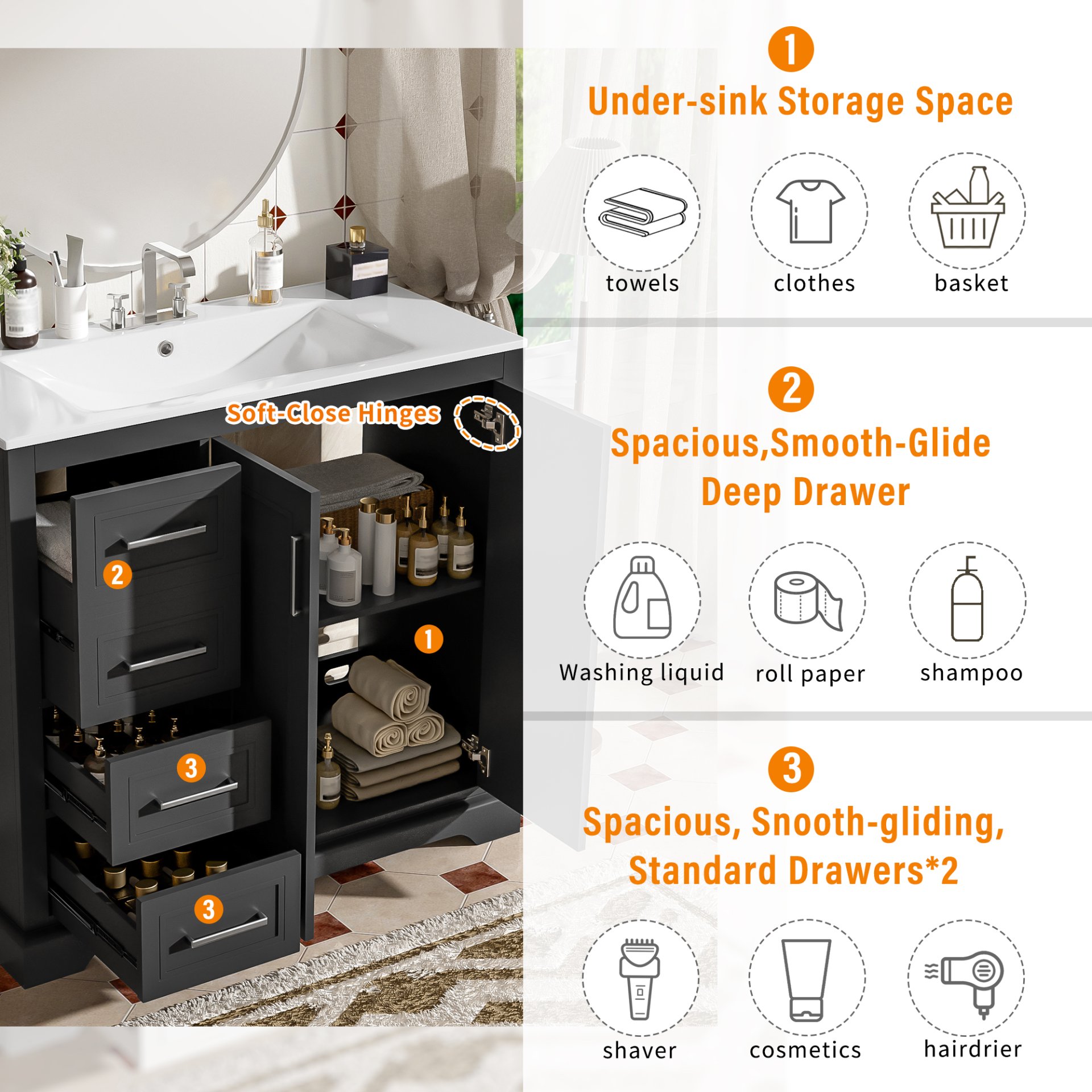 36" Bathroom Vanity With Sink, Soft Close Doors, Adjustable Shelf & 3 Drawers - Black - Image 7