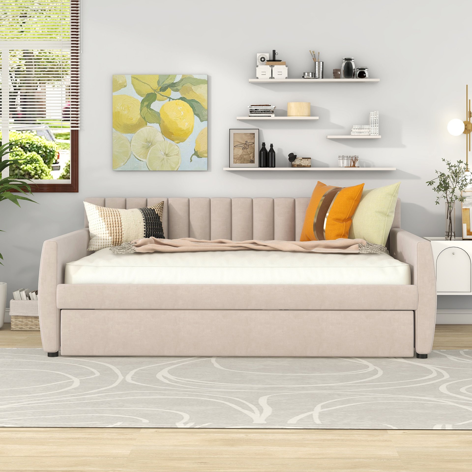 Full Size Upholstered Daybed With Trundle And Slat Support - Beige - Image 2