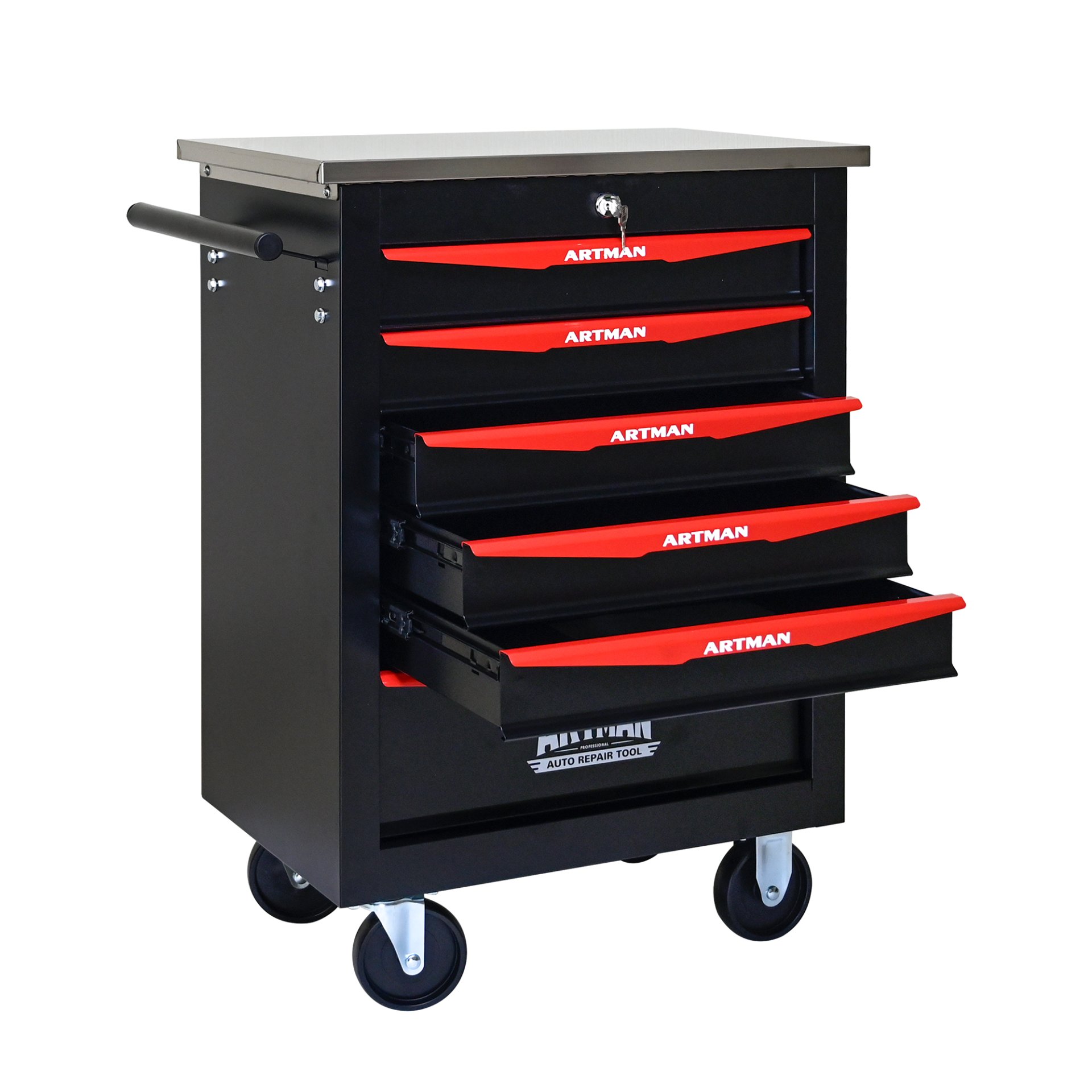6 Drawer Multifunctional Tool Cart With Wheels, Metal Rolling Tool Cart Storage For Garage Workshop Warehouse Repair Shop With Stainless Steel Roof - Black / Red - Image 11