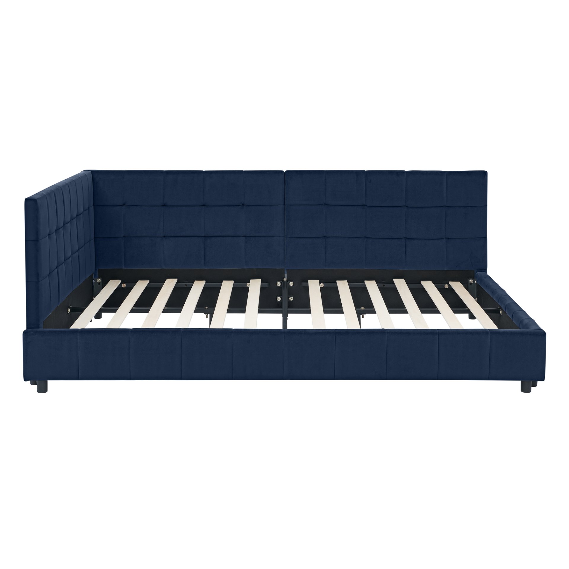 Mid Century Velvet Full Size Upholstered Tufted Bed Frame With Comfortable Backrest And Armrests - Dark Blue - Image 10