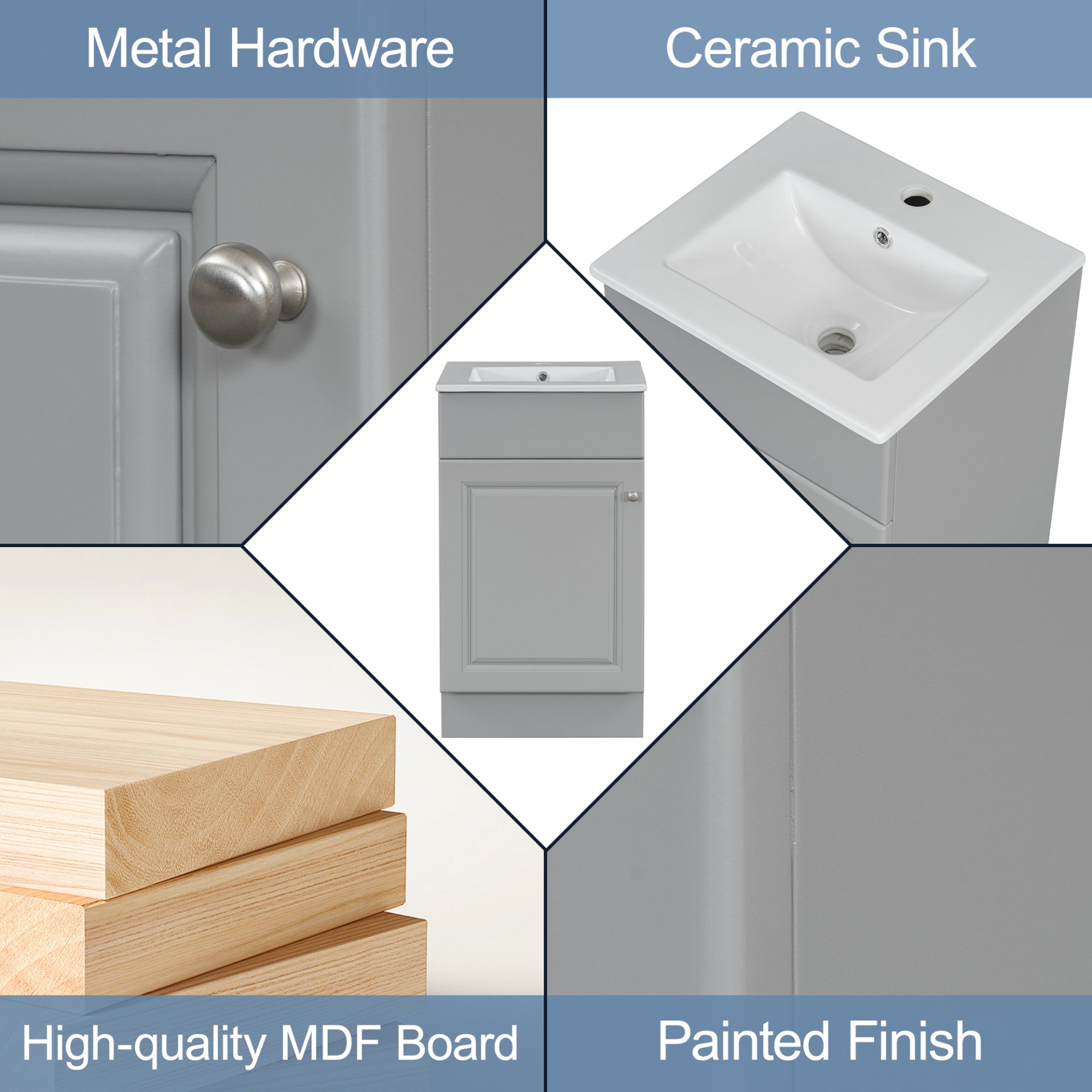 Bathroom Vanity With Sink, Vanity Cabinet With Door Shelf And Adjustable Shelf - Gray - Image 5