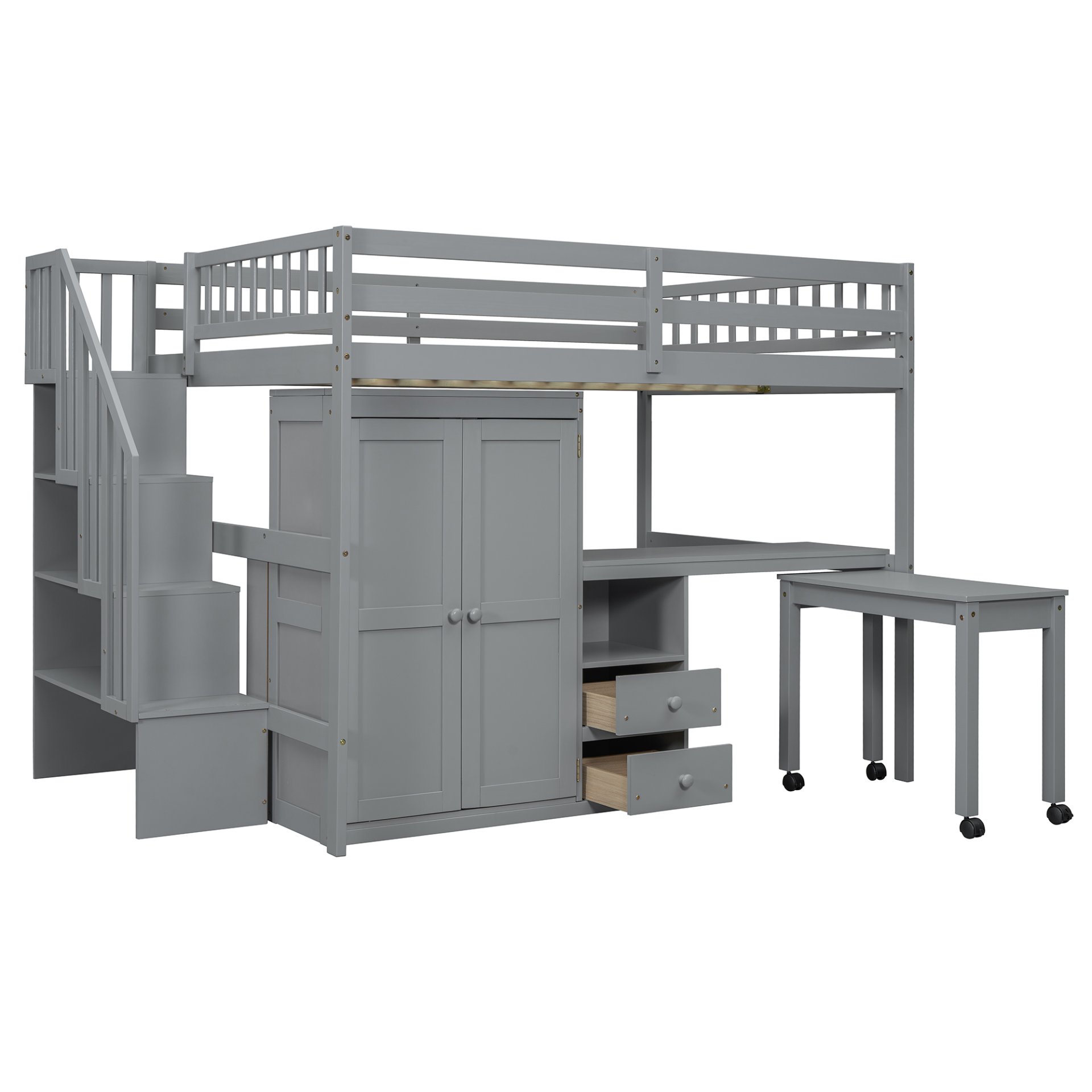 Full Size Loft Bed With Stairs, Bookshelf, Drawers, Desk & Wardrobe, Space Saving Multifunctional Furniture - Gray - Image 19