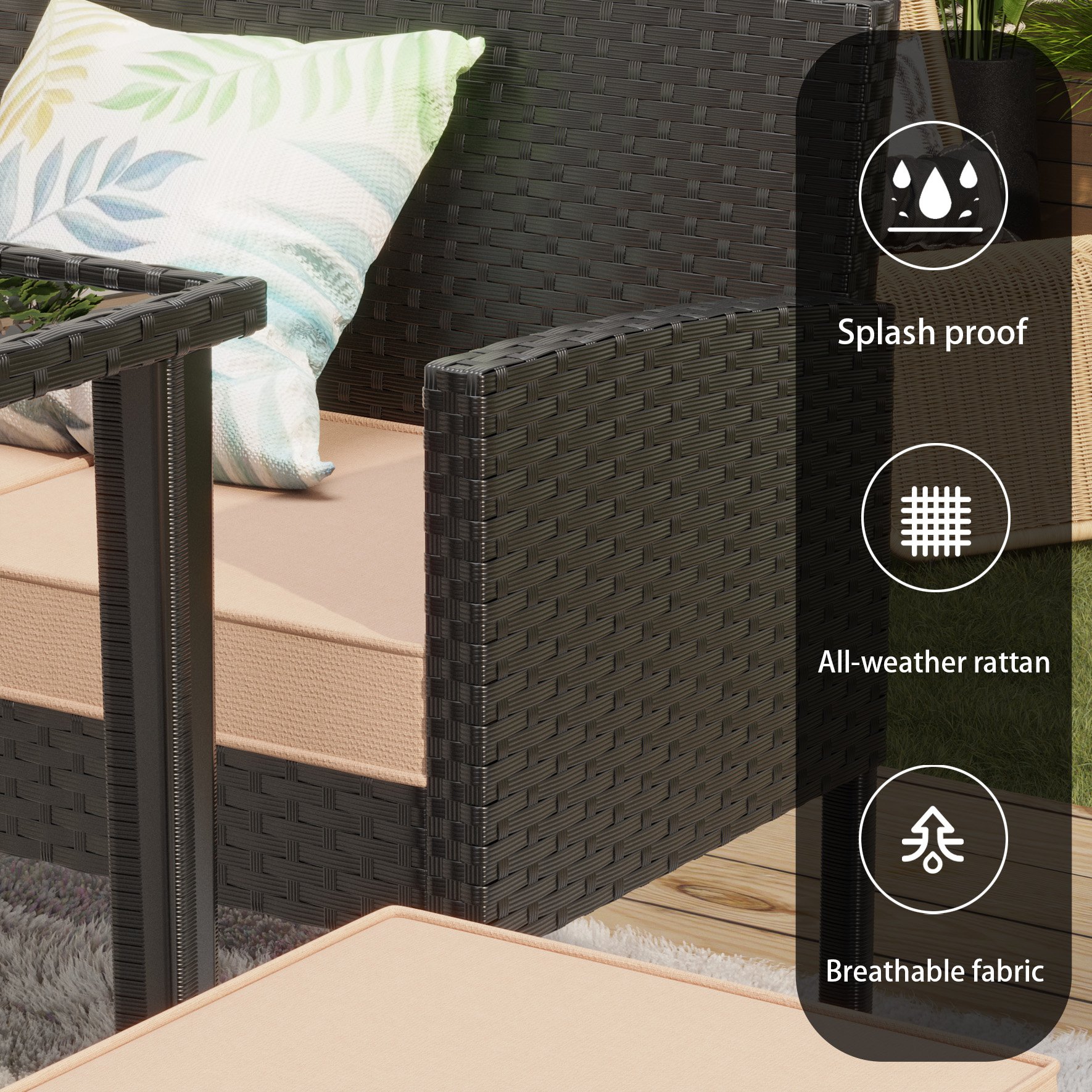 Small Space Patio Furniture 7 Piece Set With Waterproof Cushions And Glass Table, Suitable For Backyard, Terrace Or Garden - Khaki - Image 6