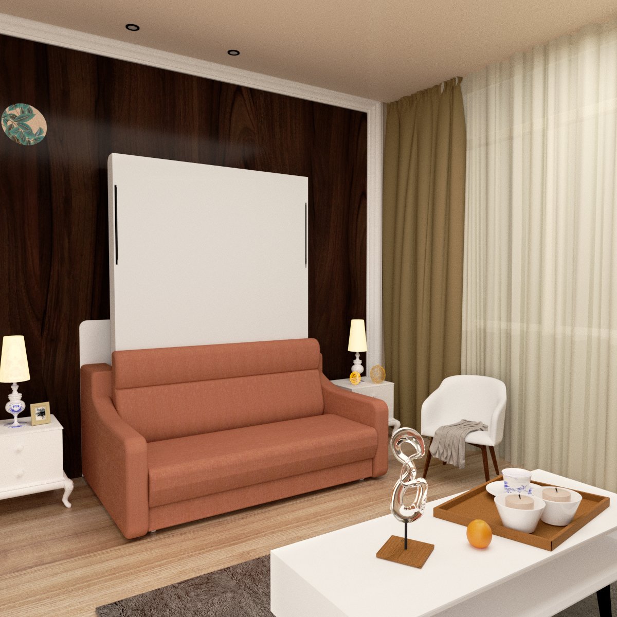 Morden Deisgn Vertical Murphy Bed With Sofa For Bedroom Or Guestroom White Wall Bed Space Saving Hidden Bed With New Style Gas Struts - Orange - Image 12