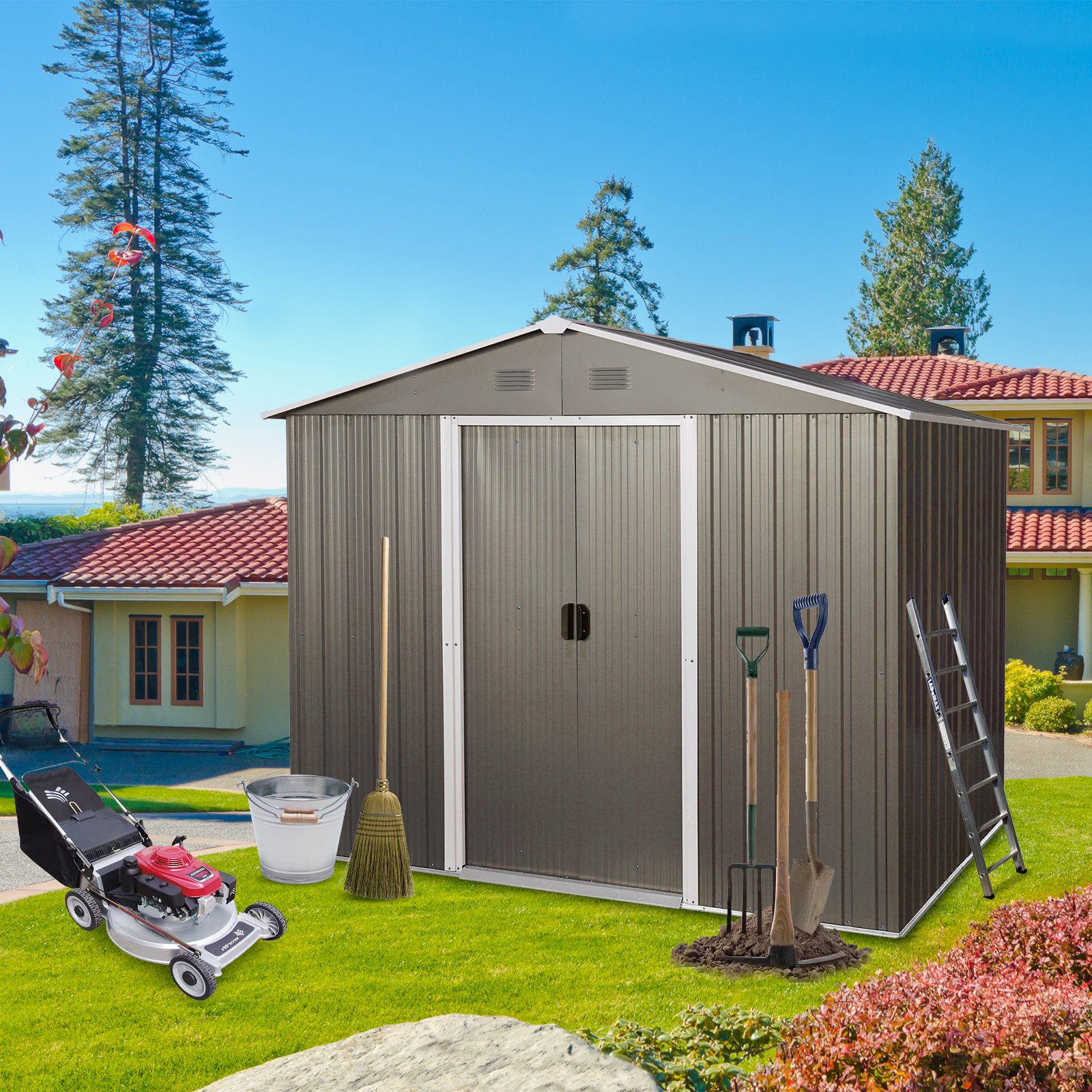 8Ft x 6Ft Outdoor Metal Storage Shed With Floor Base (SKU: W540S00012) - Gray - Image 2
