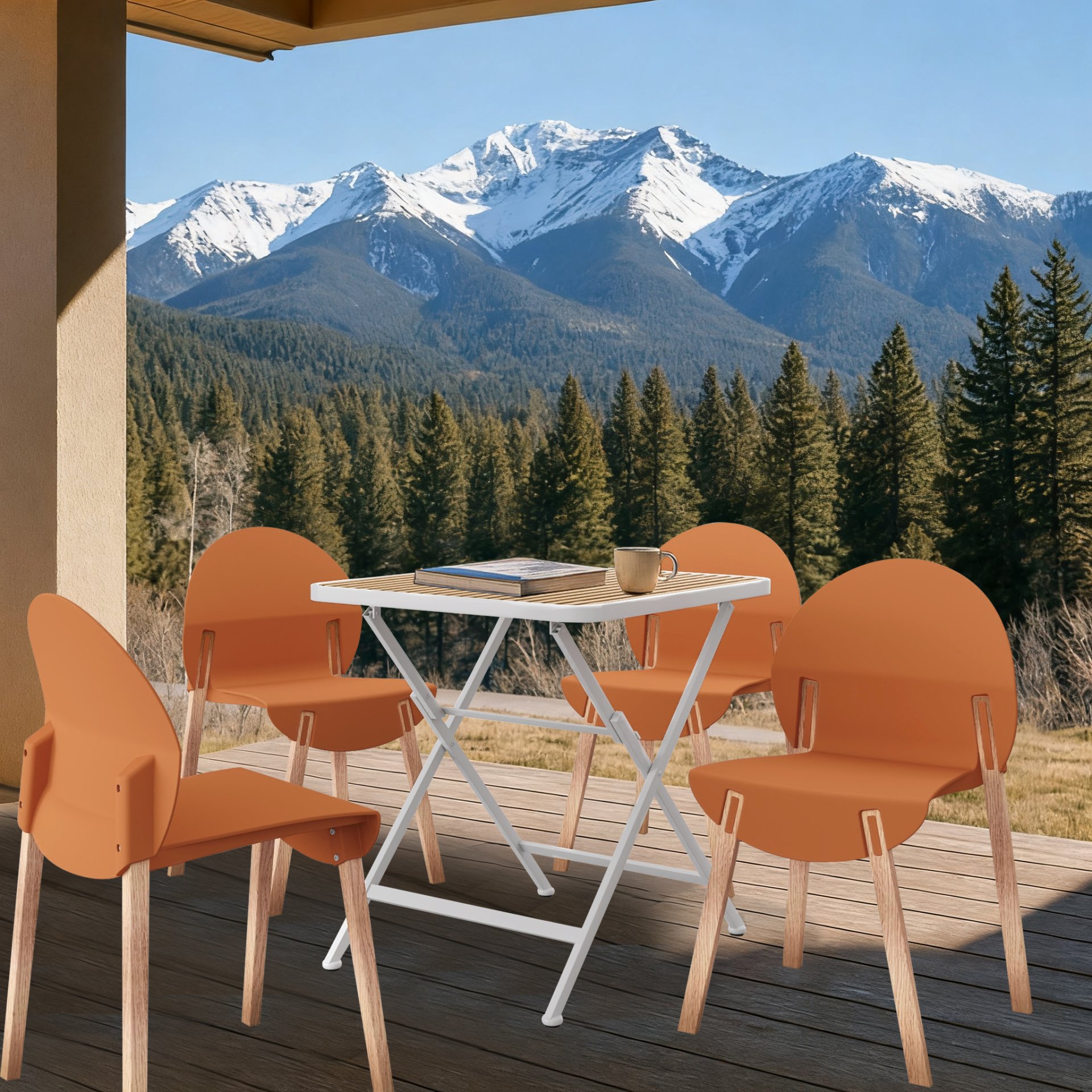 4 Piece Set Of Single Chairs With A Folding Square Table - Khaki / Tropical Orange / White - Image 14