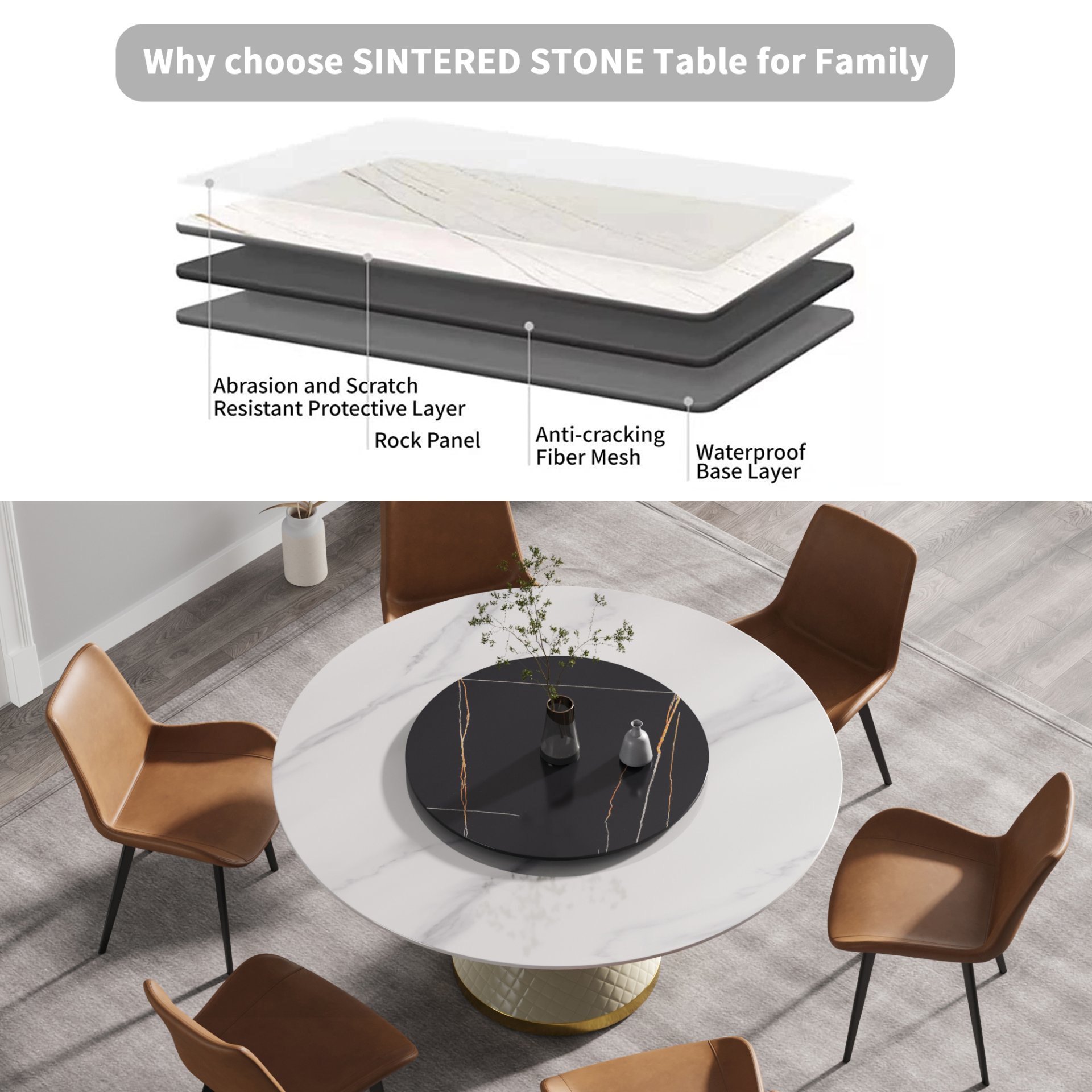 59.05" Modern Artificial Stone Round Carbon Steel Base Dining Table, Black Artificial Stone Turntable - White - Image 6
