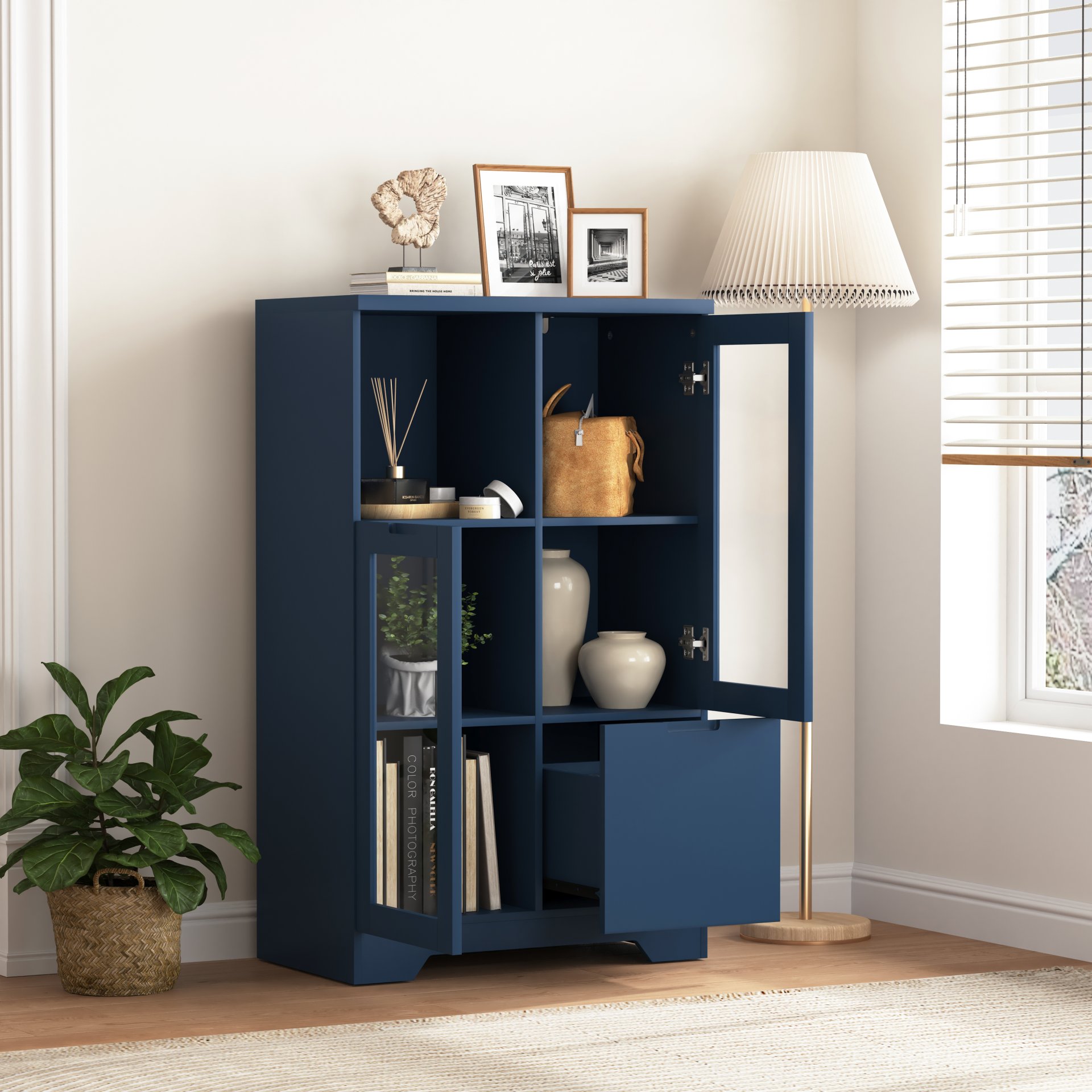 Painted Cabinet With Glass Doors, Drawer, And Open Storage Space For Bedroom And Living Room - Navy Blue - Image 5