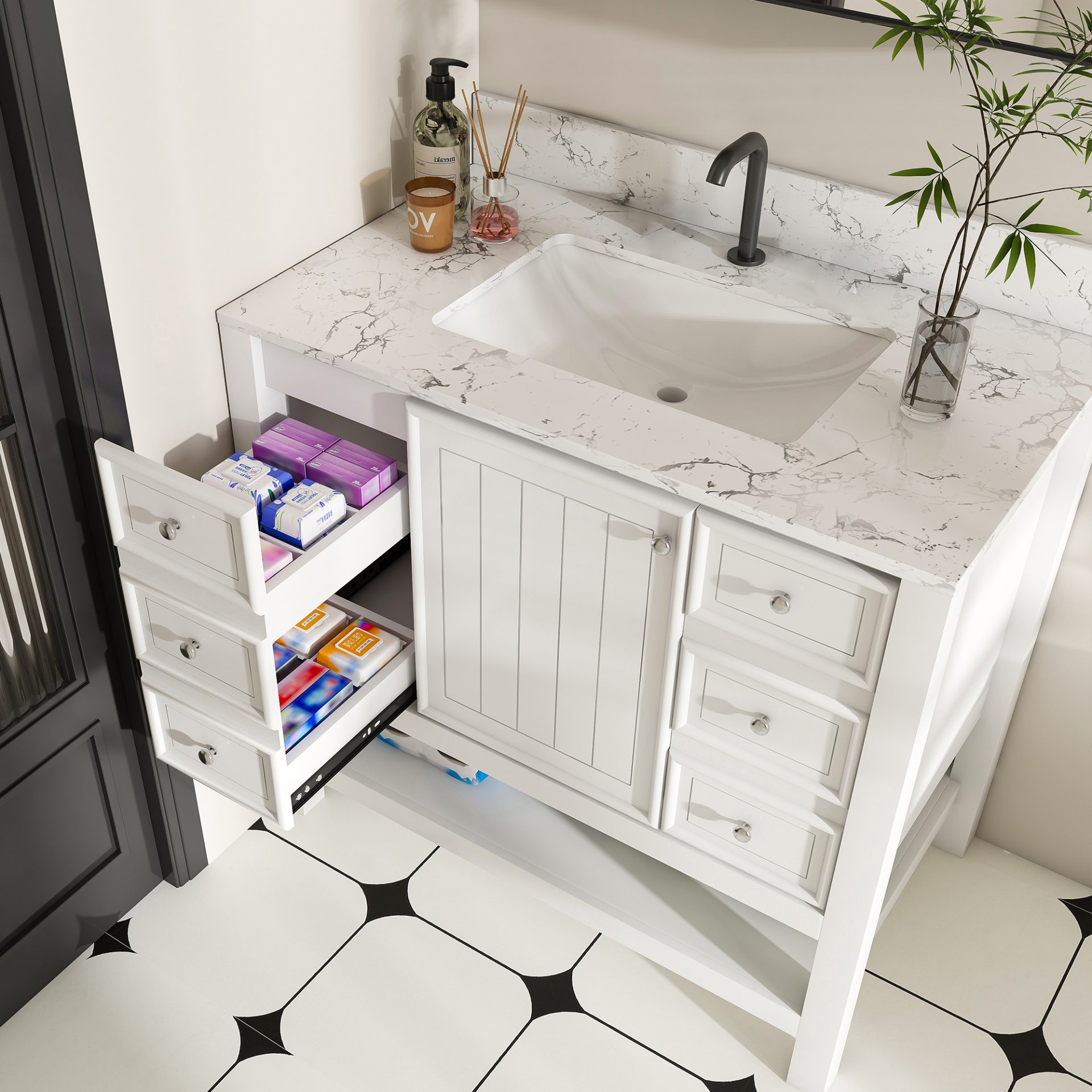 37" Bathroom Vanity, Multi Functional Cabinet With Doors And Drawers, Frame, Single Faucet Hole - White - Image 10