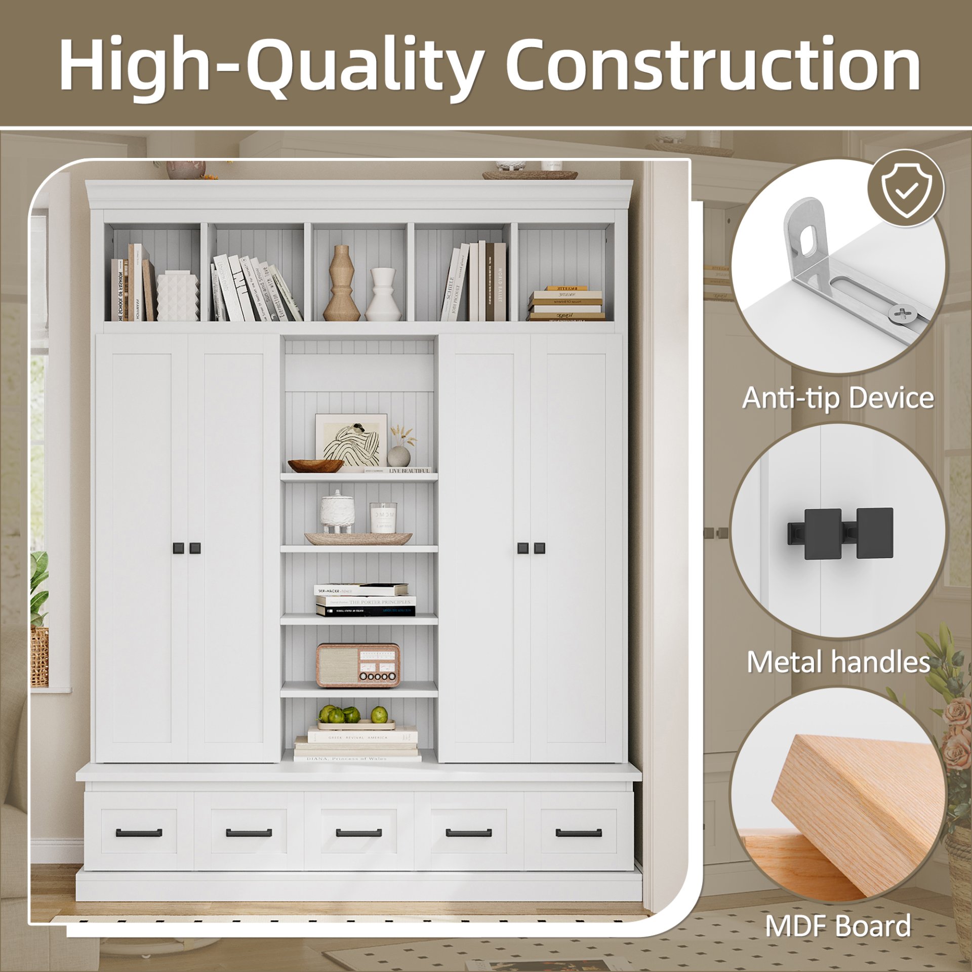 Hall Tree With Bench And 5 Storage Cubbies, Modern Entryway Storage Organizer Cabinet With 4 Doors, 5 Drawers And Adjustable Shelves For Hallway, Entryway, Living Room - White - Image 7
