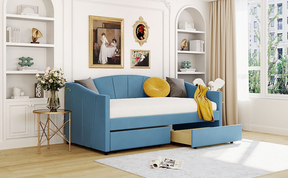 Twin Size Upholstered Daybed With Two Drawers And Slat - Blue - Image 4