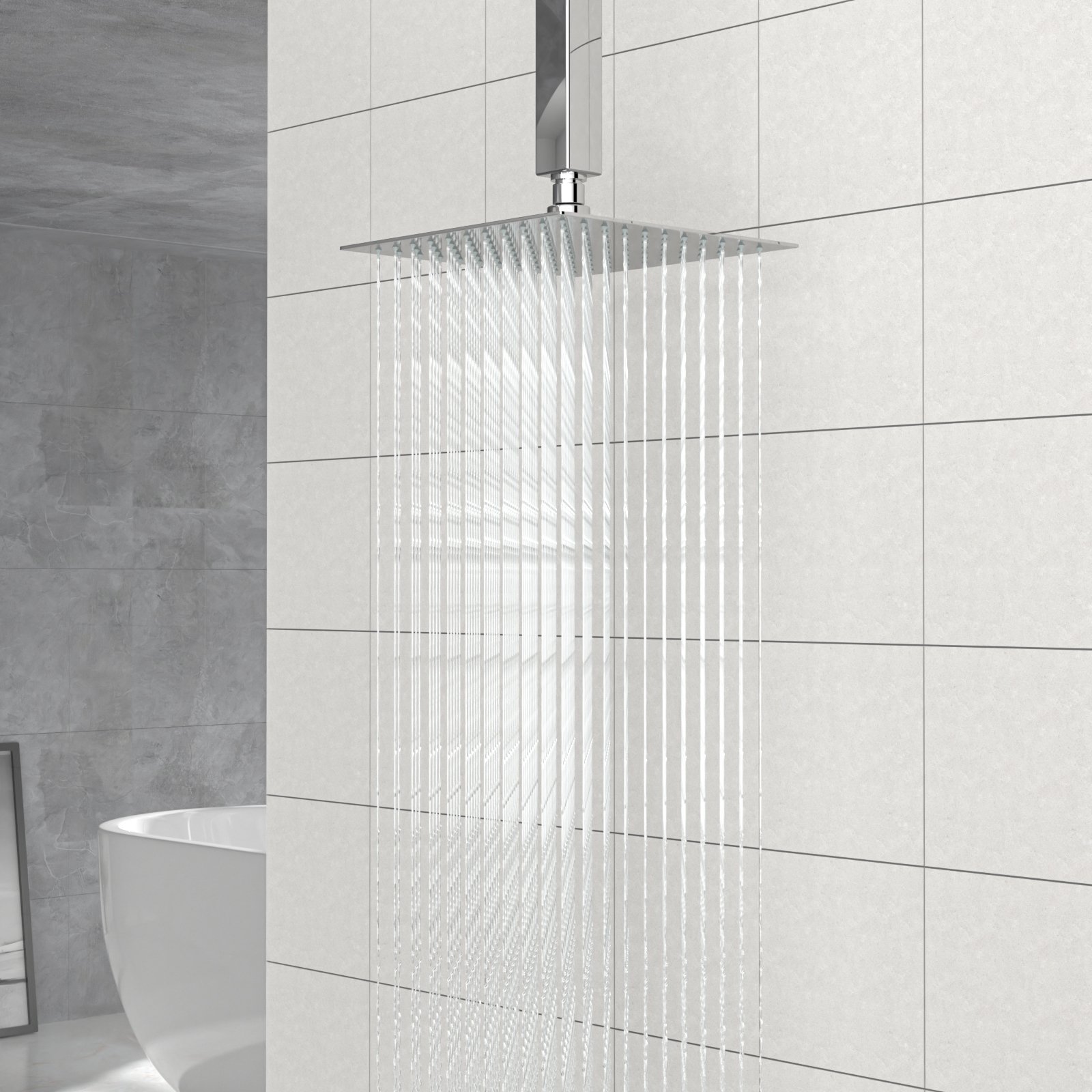 Elegant 8" Square Rainfall Shower Head, Wall / Ceiling Mounted, Stainless Steel - Chrome - Image 2