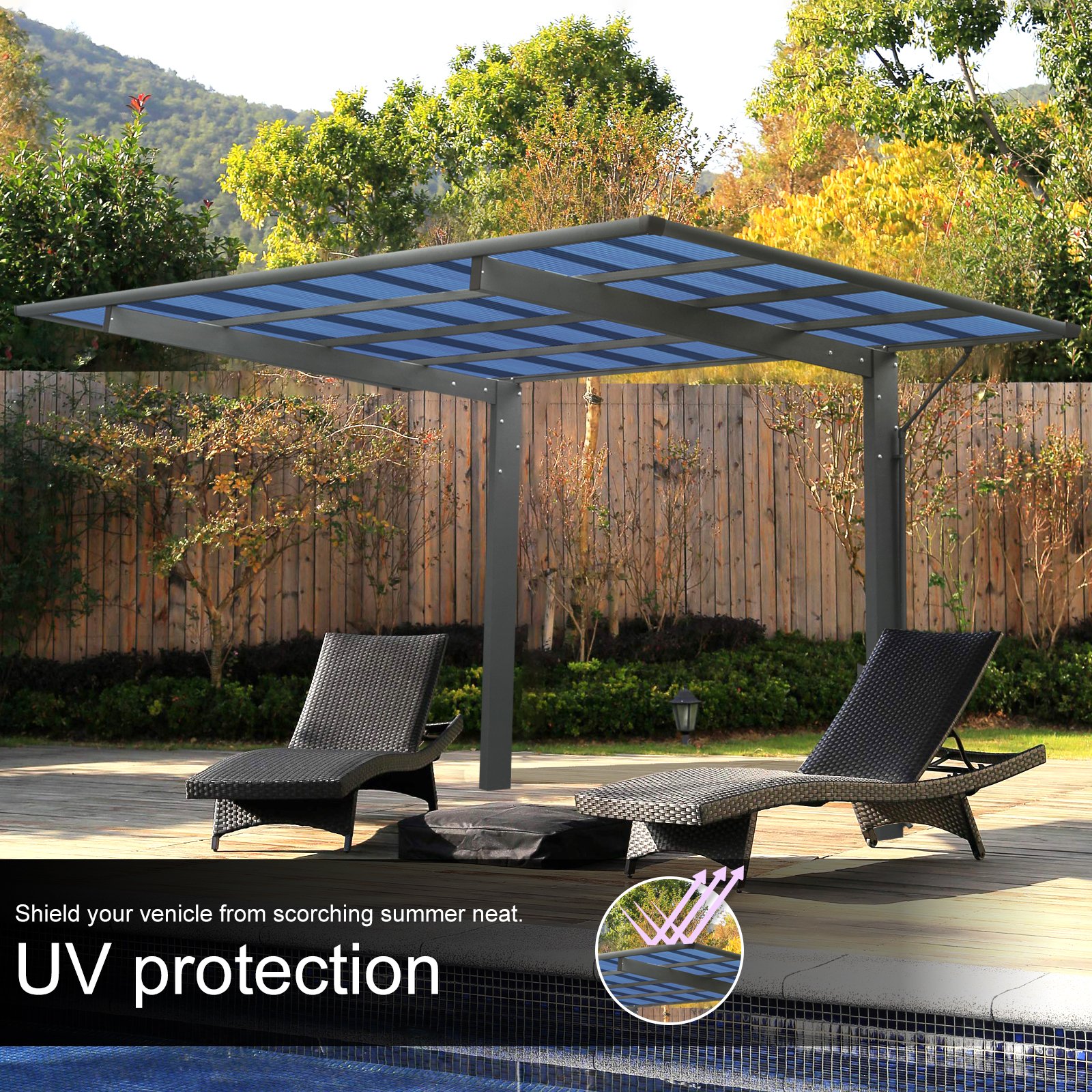 Outdoor Carport, Single Carport Aluminum Metal Frame And Polycarbonate Panels Car Port For Outdoor Driveway Car, Truck - Charcoal - Image 4