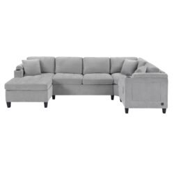 U Shaped Sectional Sofa, Corner Living Room Couch With Built In Cup Holders, Storage, USB Ports - Light Gray