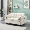Modern Velvet Sofa, Sofa Pull-Out Bed, Small Love Seat Casual Sofa With Back, With Pillow, Pockets, Living Room Furniture, 3 In 1 Convertible Sleep Sofa Bed - Beige - Image 3