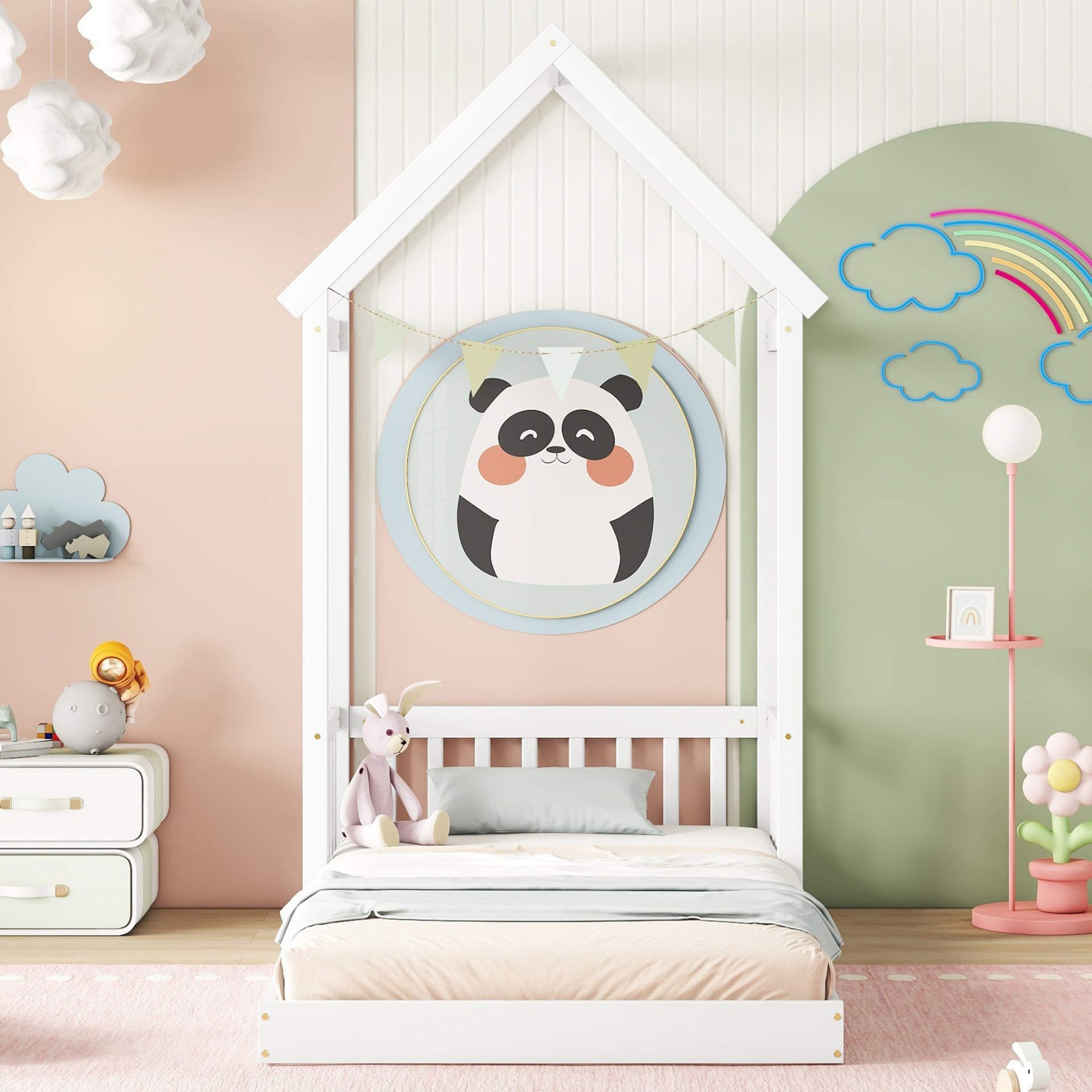 Twin House-Shaped Roof Headboard Floor Bed, (Without Slats) - White - Image 3