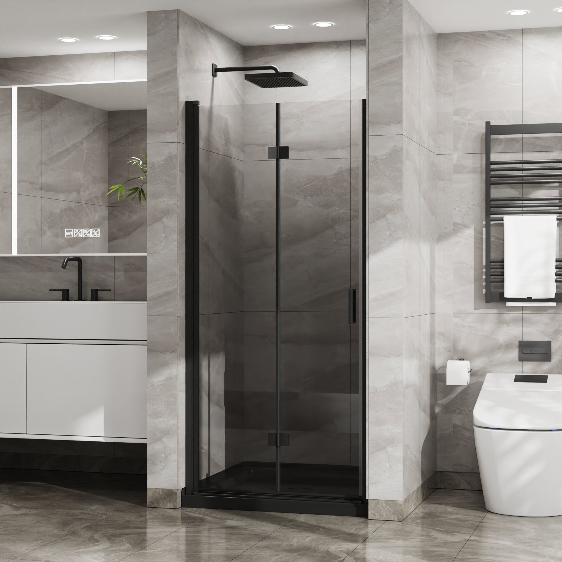 Bifold - Frameless Glass Shower Door 1 / 4" Tempered Clear Glass Pivot Swing Panel - Black - Image 4