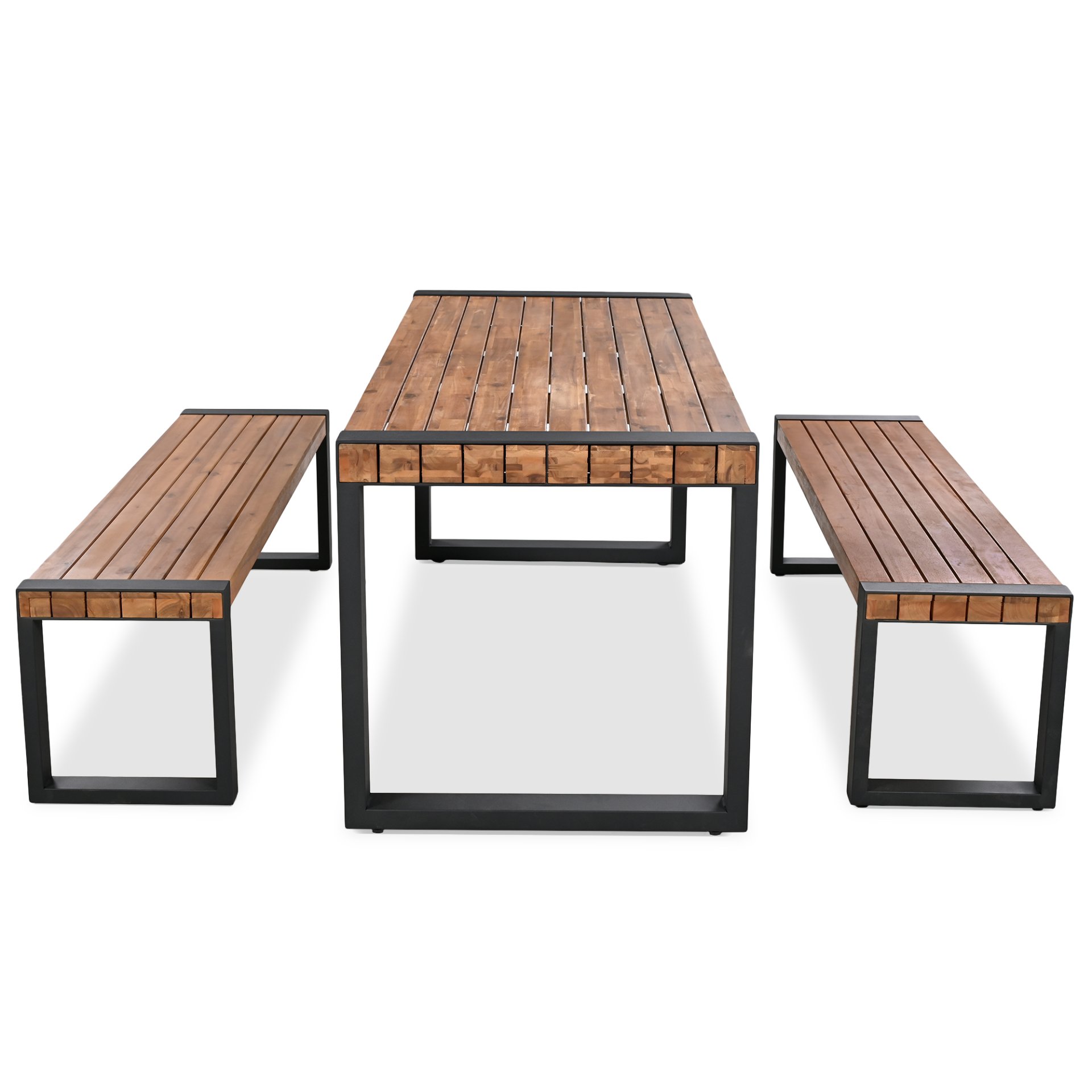 3 Pieces Outdoor Dining Table With 2 Benches, Patio Dining Set With Unique Top Texture, Acacia Wood Top & Steel Frame, All Weather Use, For Outdoor & Indoor - Natural - Image 14