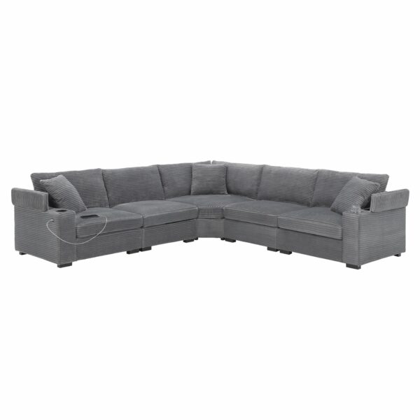 Convertible L Shaped Sectional Corner Couch With Armrest Storage Cup Holders USB Charger, Irregular Corner Oversized Comfy Modular Sofa - Gray
