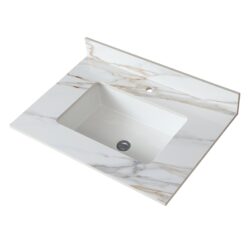 Elegant Vanity Top With Undermount Sink And Backsplash, Sintered Stone - Carrara White Marble