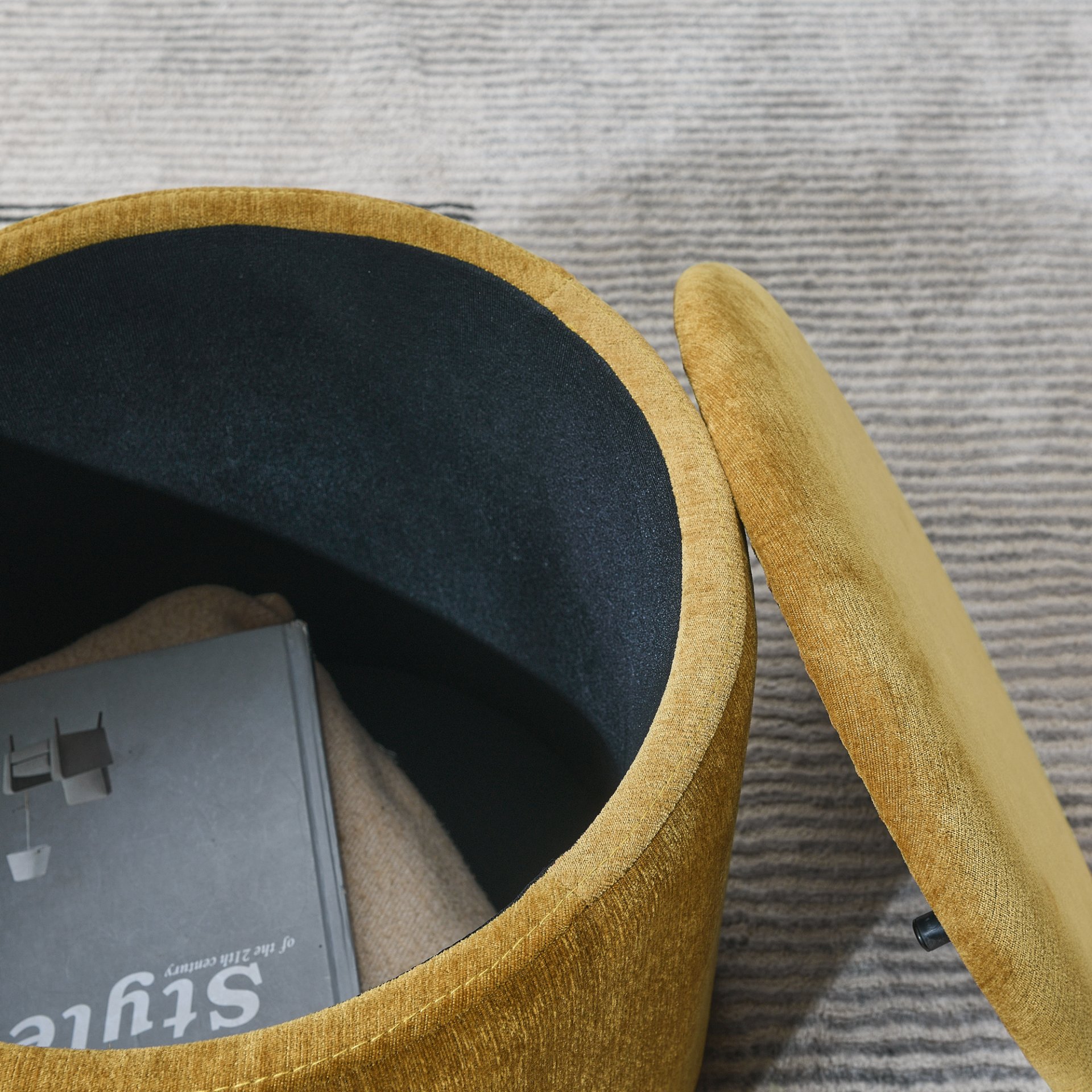 Classic Chenille Storage Ottoman Set With Drum Shaped Stool And Panel - Dark Yellow - Image 15