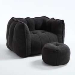 Soft Chenille Bean Bag Chair With High Resilient Foam For Living Room And Bedroom Comfortable Square Lazy Sofa With Footstool - Black